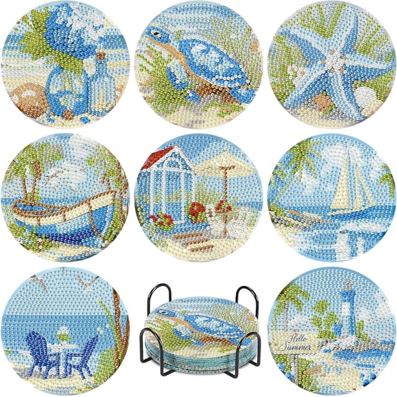 General 8 Pcs Beach Diamond Art Coasters Kit for Adults, Beach Diamond Painting Coasters with Holder, 5D Gem Art DIY Crafts Diamond Dots for Gift Life