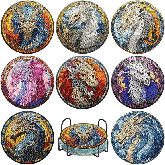 General 8 Pcs Dragon Diamond Art Coasters Kit for Adults, Dragon Diamond Painting Coasters with Holder, 5D Gem Art, DIY Crafts Diamond Dots for Gift Home Decor