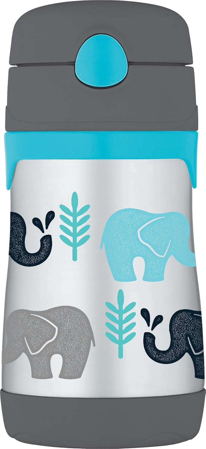 General Baby 10 oz. Stainless Steel Bottle with pop-up straw, Elephants