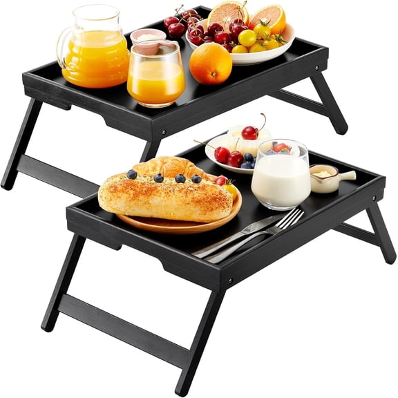 General Bamboo Bed Breakfast Tray with Foldable Legs, Handles, Ideal for Kids, Couples, Sofa, Eating, Working, Used As Laptop Desk Snack Table - 2 Pack(Black)