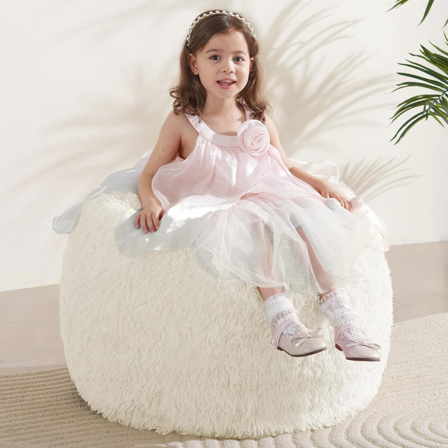 General Bean Bag Cover (No Filler), Stuffed Animal Storage Bean Bag Covers for Kids, Soft Faux Fur Washable Cover with Pocket Handle, Comfy Fluffy Beanbag for Organizing Plush Toys, 27"x21" Beige