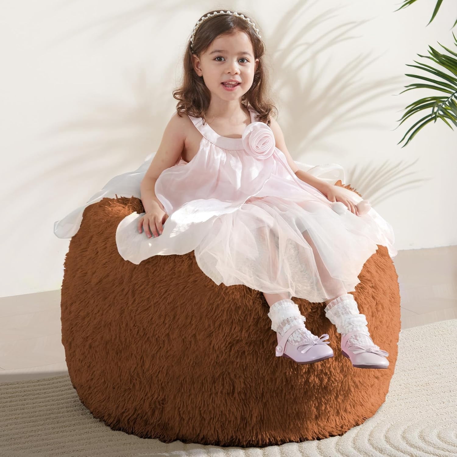 General Bean Bag Cover (No Filler), Stuffed Animal Storage Bean Bag Covers for Kids, Soft Faux Fur Washable Cover with Pocket Handle, Comfy Fluffy Beanbag for Organizing Plush Toys, 27"x21" Brown