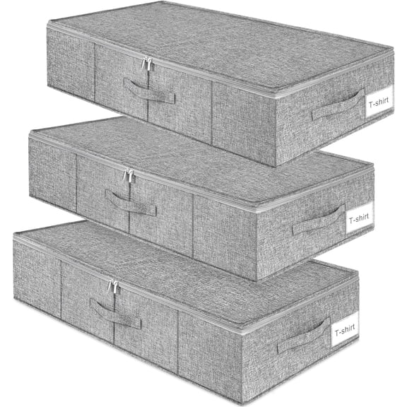 General Under Bed Storage, 3 Pack Underbed Storage Container Bags With Lid, Foldable Sturdy Clothes Storage Drawer Organizer W/ 3 Handles, Ultra Thick Fabric Blanket Shoe Storage Box, Grey