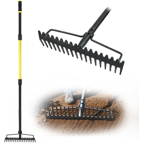 General Bow Rake Heavy Duty, Long Handle Metal Rakes for Gravel, Rocks, Lawns Leaves, Soil Leveling, Landscaping, Garden Rake with 18 Steel Tines (59 Inches)