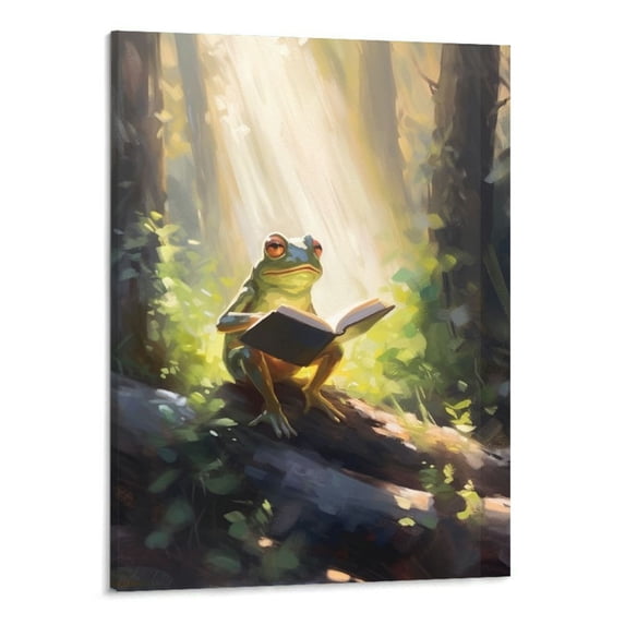 General Canvas Wall Art Picture 16x20in for Living Room Bedroom Arts Funny Bathroom Wall Art Hand Painted Happy Frog Reading Book Large Painting Pictures with Framed for Decor White