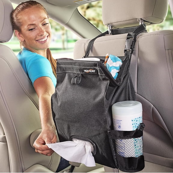 General Car Organizer with Car Trash Bag and Tissue Holder - Holds Full Size Tissue Box, Bottles and Wipe Containers - 2 Gal Leakproof Covered Car Trash Can with Push-Close Lid