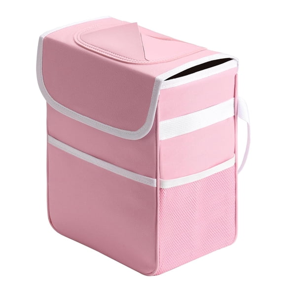General Car Trash Can with Lid and Storage Pockets, Multipurpose Garbage Bin with Adjustable Straps, Collapsible and Portable Organizer, 2 Gallon, Pink