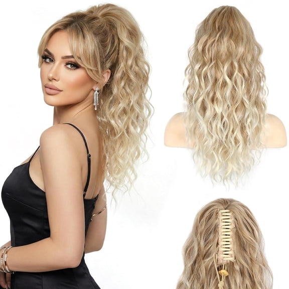 General Claw Clip Ponytail Extension - Soft Wavy Pony Tails Hair Extensions, Synthetic Hair Extensions Ponytail, Clip in Ponytail (Color: Medium Blonde with Bleach Blonde Ends)