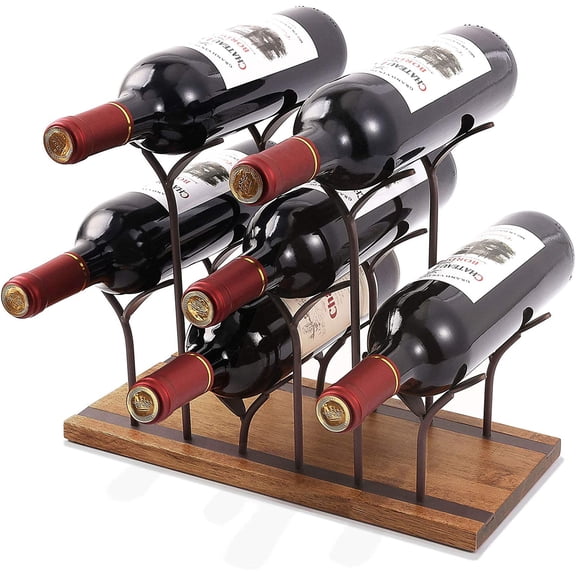 General Countertop Bottle Rack, Tabletop Wood Bottle Holder, Hold 6 Bottles, Perfect for Home Decor & Kitchen Storage Rack, Bar, Cellar, Cabinet, Pantry, etc, Wood & Metal (Bronze)
