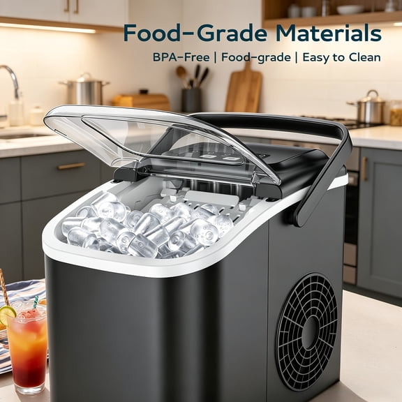 General Countertop Ice Maker with Handle, Daily Output of 29Lbs, 9 Ice Cubes in 6 Mins, Self-Cleaning Portable Ice Maker with Basket And Scoop, Suitable for Home/Kitchen/Camping/Rv (Silvery)