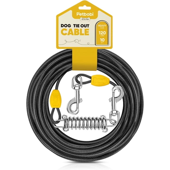 General Dog Tie-Out Cable 10ft - Outdoor Leash 4mm Metal Cable with Shock Absorbing Spring 360° Swivel Clips, Chain for Dogs Yard Camping, Fit Small Medium Large Pets Up to 120lbs, Black