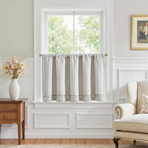 General Double Layer Striped Linen Kitchen Tier Curtain Rustic Cafe for Living Room Bathroom Half Window Curtain Light Filtering Rod Pocket 1 Panel 24 Inch Taupe Grey