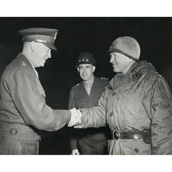 General Dwight Eisenhower Shakes Hands With Gen. George Patton At The Front In 1945. Patton Is In Battle Dress. Gen.