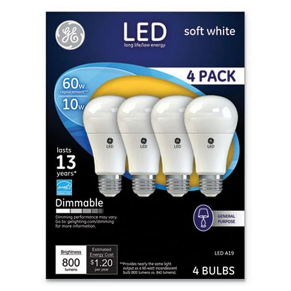 General Electric 67615 10.5W LED Soft White A19 Dimmable Light Bulb - 4 per Pack