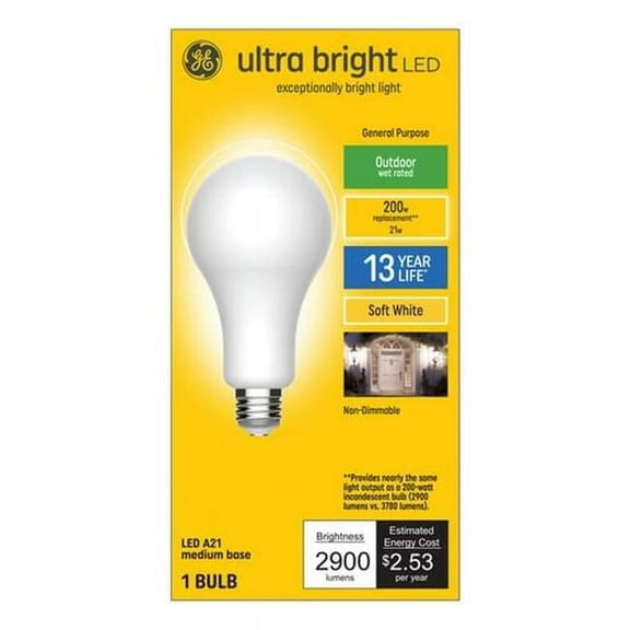 General Electric 93130240 21W LED Ultra Bright A21 Medium Base Standard Bulb, Soft White