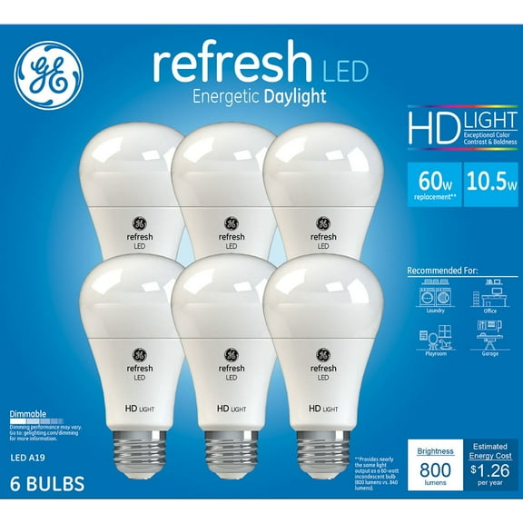 General Electric 980043300 60W Refresh Daylight High-Def A19 Dimmable LED Light Bulb (6 Pack)