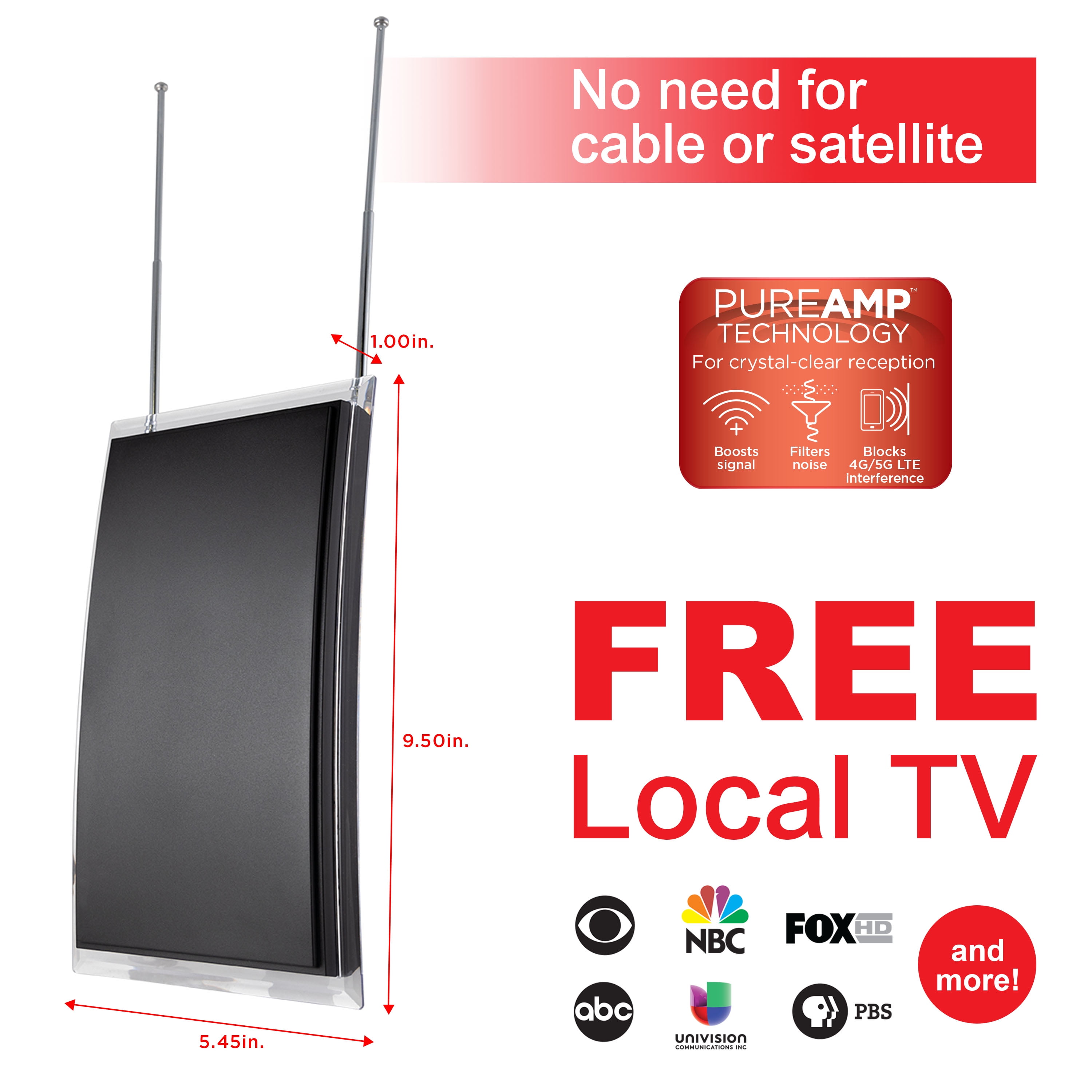 GE Crystal HD Amplified HDTV Antenna, 50-Mile Range, VHF UHF 1080P