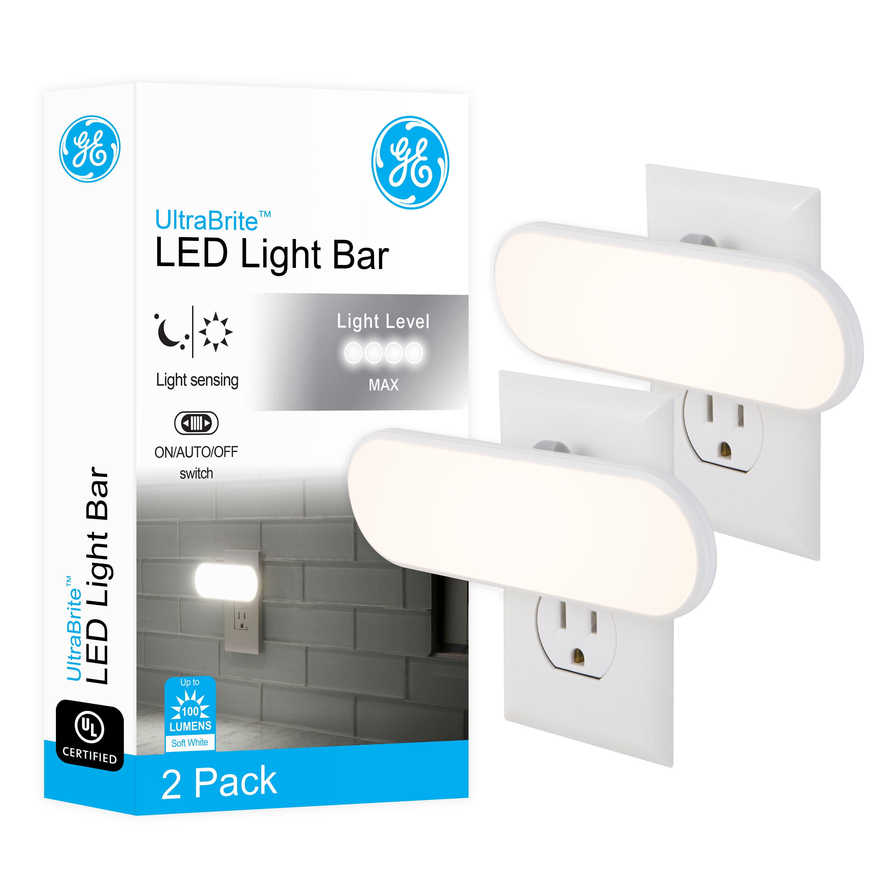 GE Ultrabrite LED Light Bar, 2 Pack, 100 Lumens, Plug-In, Dusk-to-Dawn Sensor, Auto/On/Off Switch, White, 46707