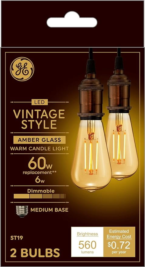 Amber Glass Vintage Style Dimmable LED Edison Bulbs, 2-Pack