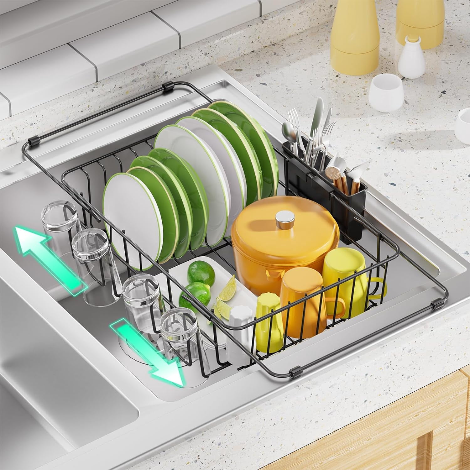 General Expandable Dish Drying Rack in Sink, Adjustable Dish Drainers for Kitchen Counter, Inside Sink, Over The Sink with Utensil Holder, Black