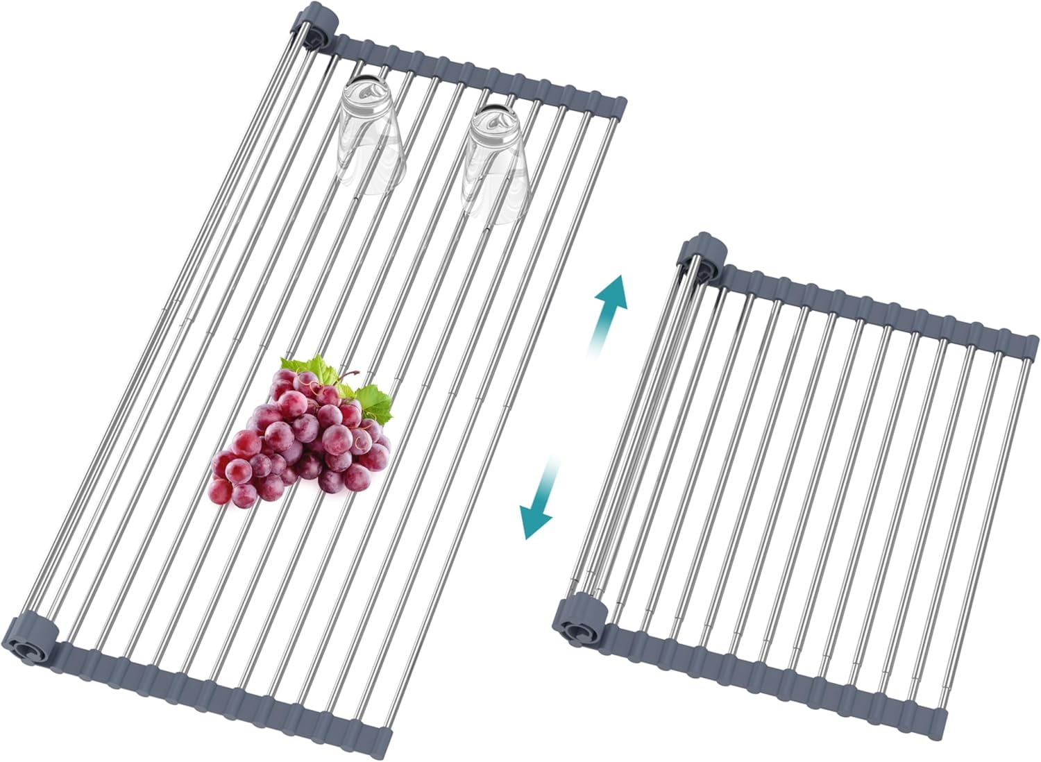 General Extra Large Expandable Roll Up Dish Drying Rack,Over The Sink Drying Rack Sink Cover Kitchen Sink Accessories Kitchen Rolling up Stainless Steel Drainer, Foldable,Rollable（Gray，22.8''-12.4''）
