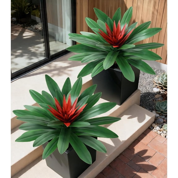 General Fake Plants, 2 Pcs 21.7 Inch Bromeliads Large Artificial Plants Outdoor Faux Plants UV Resistant Realistic Tropical Greenery Outside for Planter Porch Patio Yard Garden Indoor