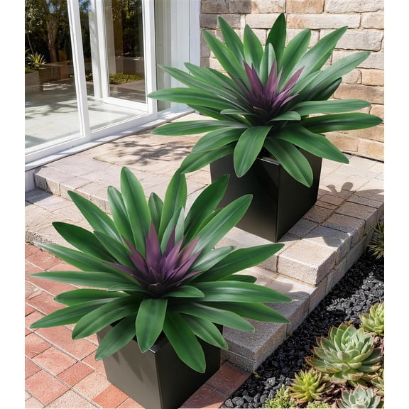 General Fake Plants, 2 Pcs 21.7 Inch Bromeliads Large Artificial Plants Outdoor Faux Plants UV Resistant Realistic Tropical Greenery Outside for Planter Porch Patio Yard Garden Indoor