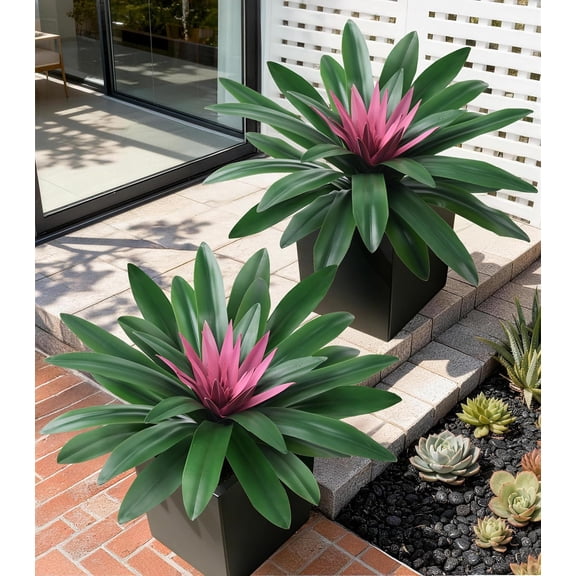 General Fake Plants, 2 Pcs 21.7 Inch Bromeliads Large Artificial Plants Outdoor Faux Plants UV Resistant Realistic Tropical Greenery Outside for Planter Porch Patio Yard Garden Indoor