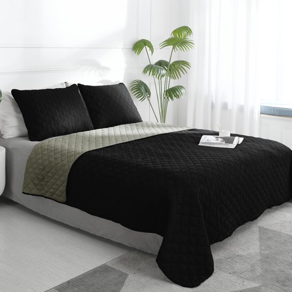 General Full/Queen Size Reversible Quilt Set with 1 Quilt and 2 Pillow Shams, Soft Bed Quilt Cover, Water Resistant Lightweight Microfiber Bedspread, Stain Resistant, Black/Beige