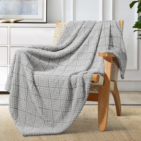 General Fuzzy Fleece Throw Blanket for Couch, Bed, Soft Fluffy Jacquard Waffle Blankets for All Season, Lightweight and Cozy, 50x60 Inch, Light Grey