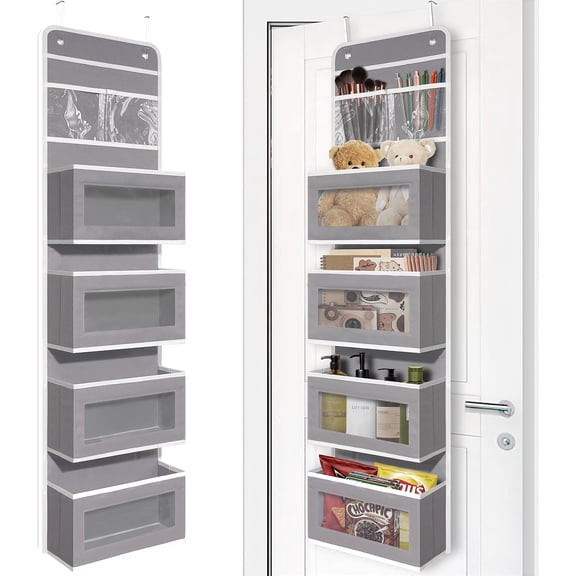 General Gray Over Door Organizer with 4 Large Clear Pockets, Neutral Hanging Door Storage for Closet, Bathroom, Bedroom, Dorm, Nursery, Toys, Toiletries