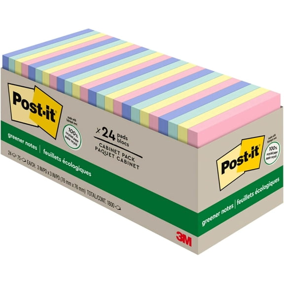 General Greener Notes, 3x3 in, 24 Pads, America's #1 Favorite Sticky Notes, Sweet Sprinkles Collection, Pastel Colors, Clean Removal, 100% Recycled Material (654R-24CP-AP)