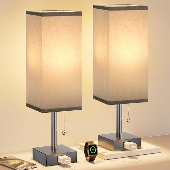 General Grey Bedside Table Lamps for Bedroom Set of 2 - Small Rectangular Nightstand Lamp with AC Outlet Charging Port, 3 Color Temperatures Light, Tabletop Reading Lamp for Living Room/Dorm/Office