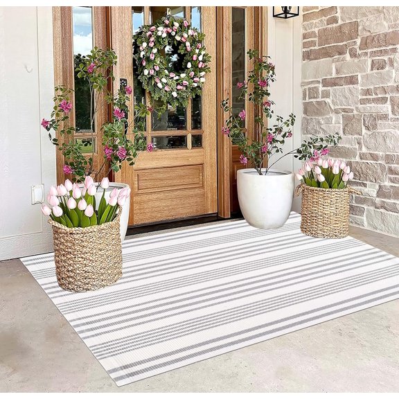 General Grey and White Outdoor Rug 3'x 5' Hand-Woven Cotton Washable Rug Striped Front Porch Rug Indoor/Outdoor Area Rug Floor Mat for Farmhouse/Layered Door Mats/Living Room