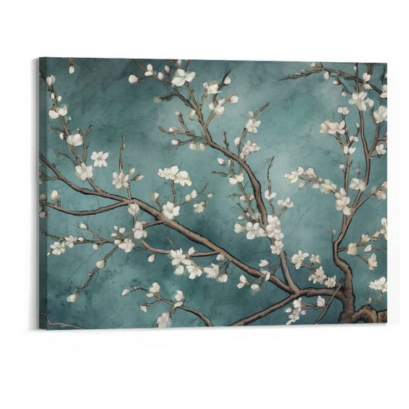 General Grey and Teal Floral Canvas Prints Framed Plum Blossom Tree Oil Painting 20x16in Canvas Wall Art Picture 20x16in
