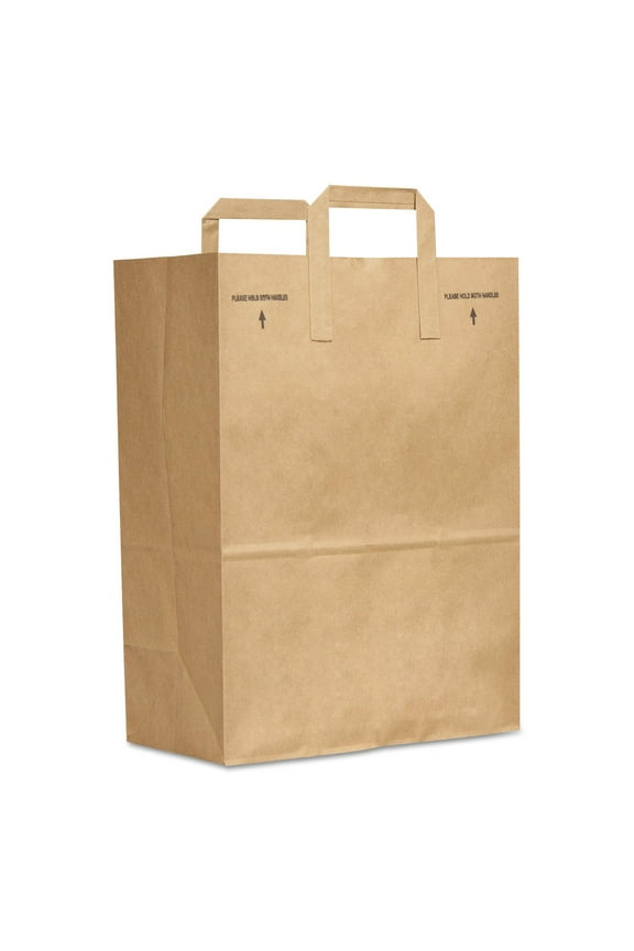 Paper Products Grocery Paper Bags, 1/6 BBL Size, 70# Basis Weight, Flat Handles, 12" x 7" x 16.25", Kraft, 300/Bundle