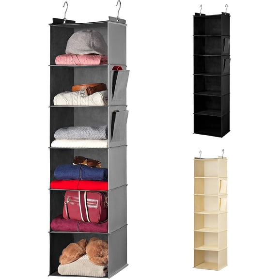 General Hanging Closet Organizer - 6 Shelf Storage for Clothes, Sweaters, Shoes & Accessories - Space-Saving Wardrobe Shelves with Hooks for Dorm, RV & Small Closet Organization (Grey)