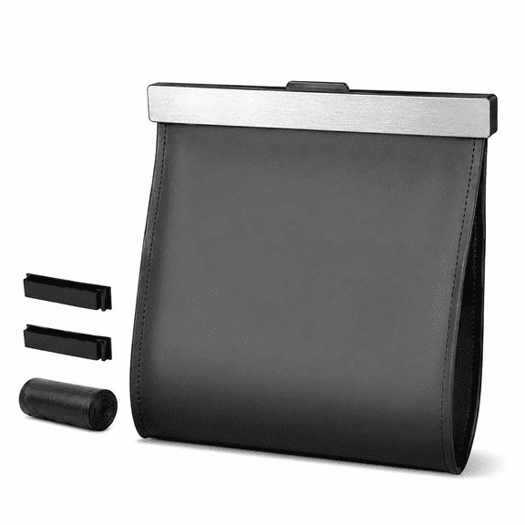 General Hanging PU Leather Car Trash Can with 2 Clips & Refill Trash Bags, Black