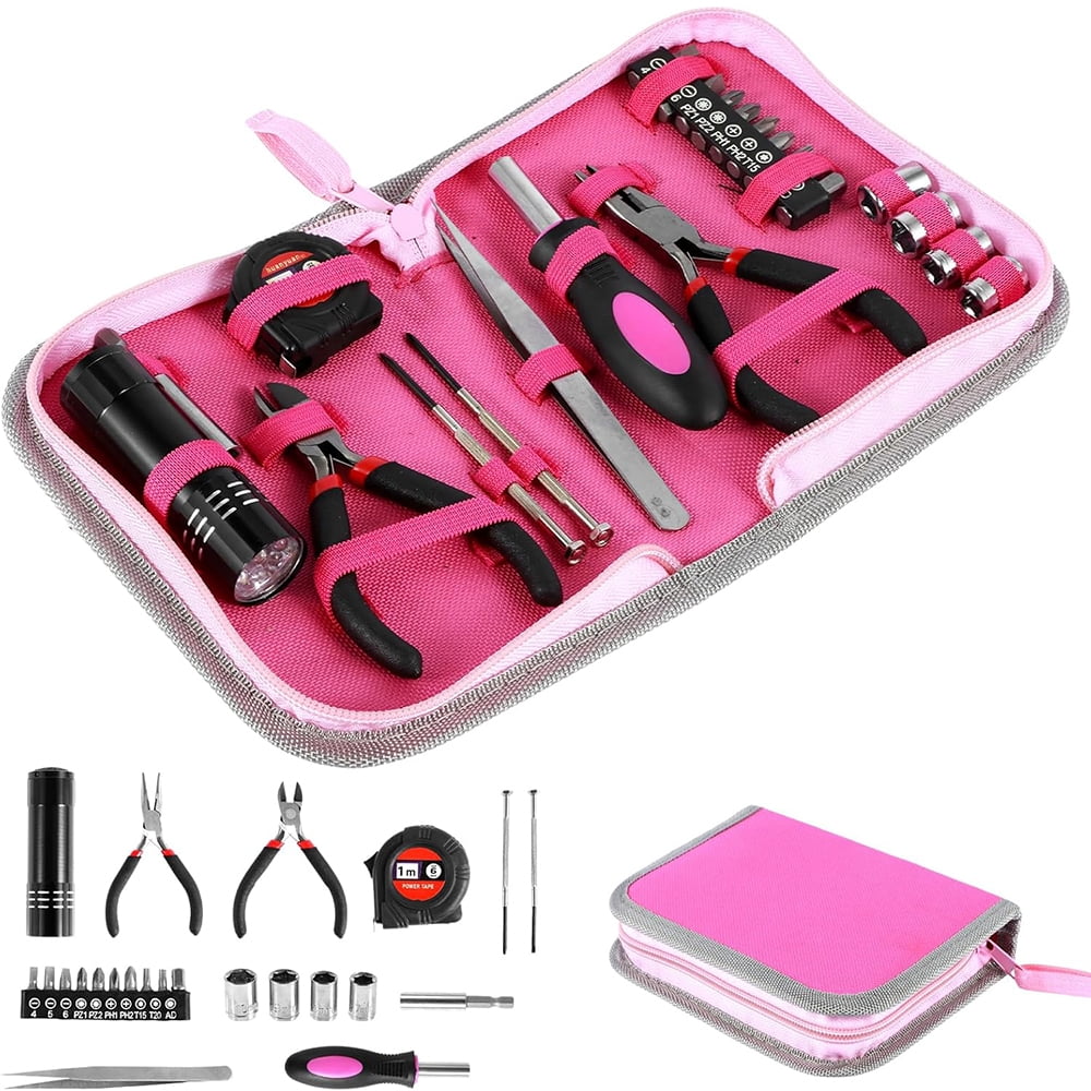General Household Tool Set, Pink Tool Set withToolbox Storage Case, Essential Hand Tools for Everyday Home Repairs, Household Tool Kit for Women, Girls and Ladies