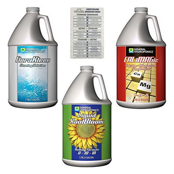 General Hydroponics 3 Pack Bundle: FloraKleen Clearing Solution, Liquid KoolBloom & CaliMagic + Twin Canaries Chart - 1 Gallon Each