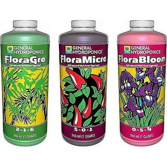 General Hydroponics Flora Grow, Bloom, Micro Combo Fertilizer set, 1 Quart (P...