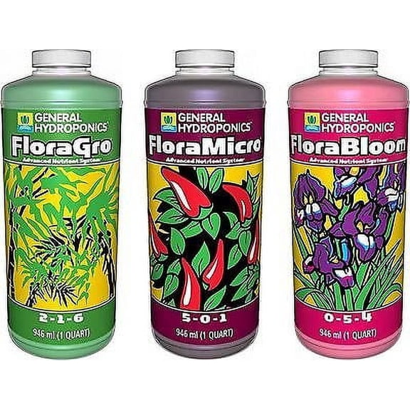 General Hydroponics Flora Grow, Bloom, Micro Combo Fertilizer set, 1 Quart (P...