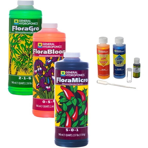 General Hydroponics Flora Series Fertilizer Bundle, with FloraMicro, FloraGro, FloraBloom and pH Control Kit