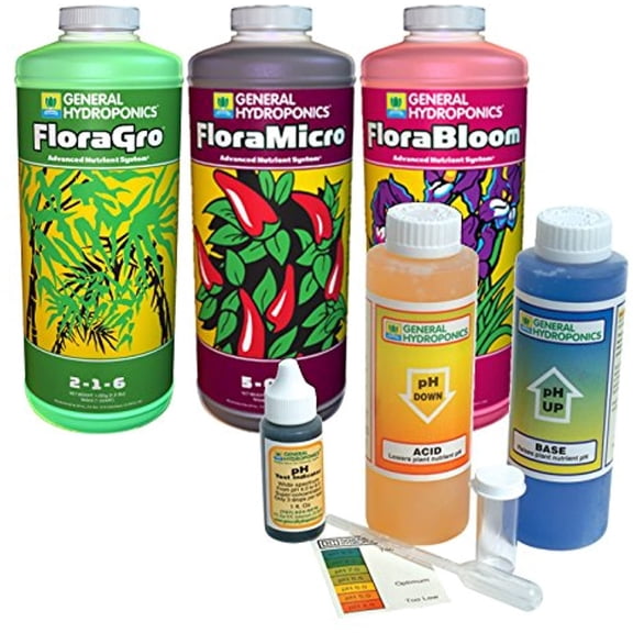 General Hydroponics GLCMBX0010 Flora Gro, Micro & Bloom 1 Quart with Ph Control Kit Combo Fertilizer