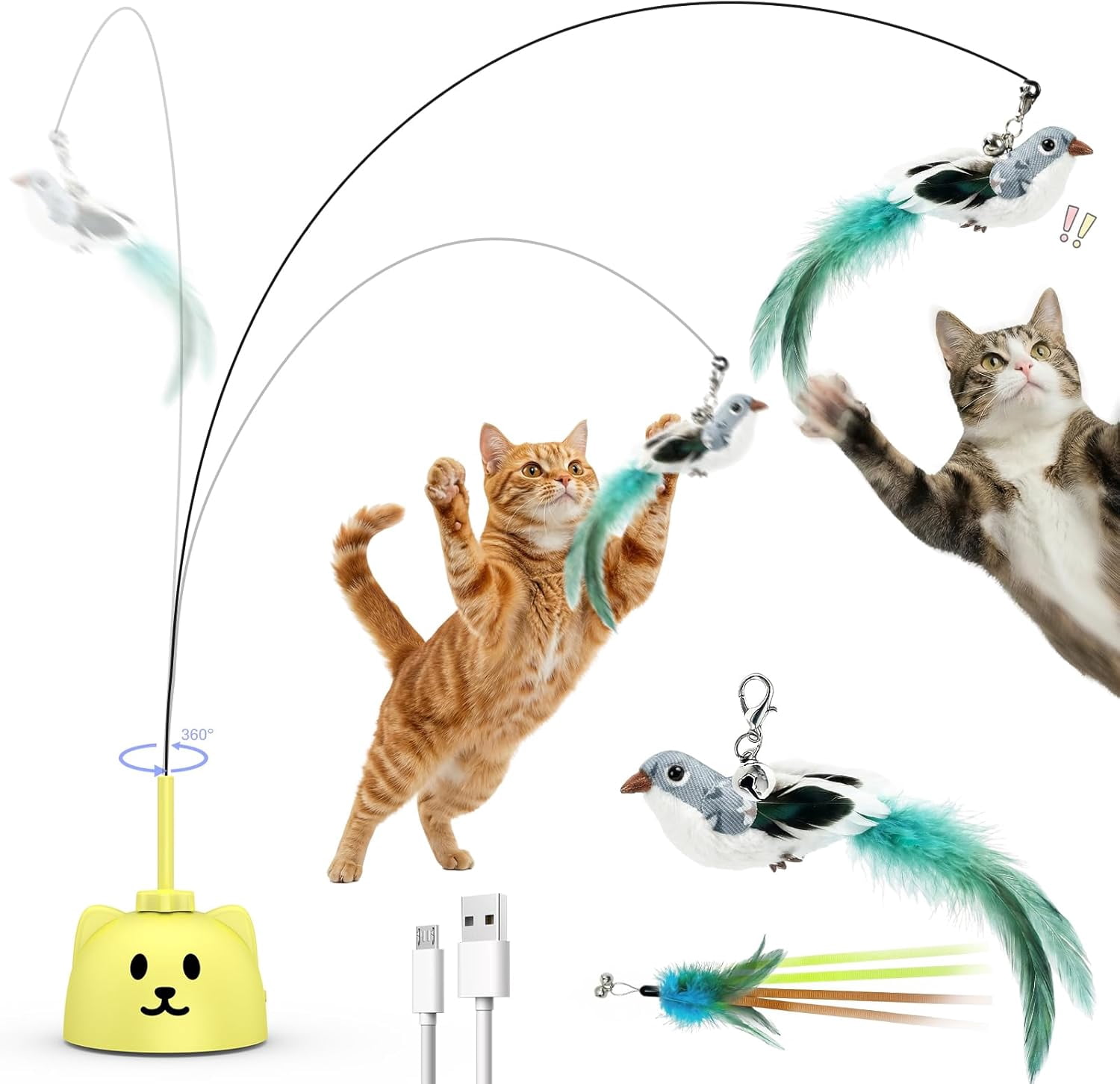 General Interactive Cat Toys for Indoor Cats - Automatic Flying Bird Feather Toy, USB Rechargeable Electric Cat Teaser with Strong Sticky Base, Smart Motion Self-Play Toy for Bored Cats(Yellow)