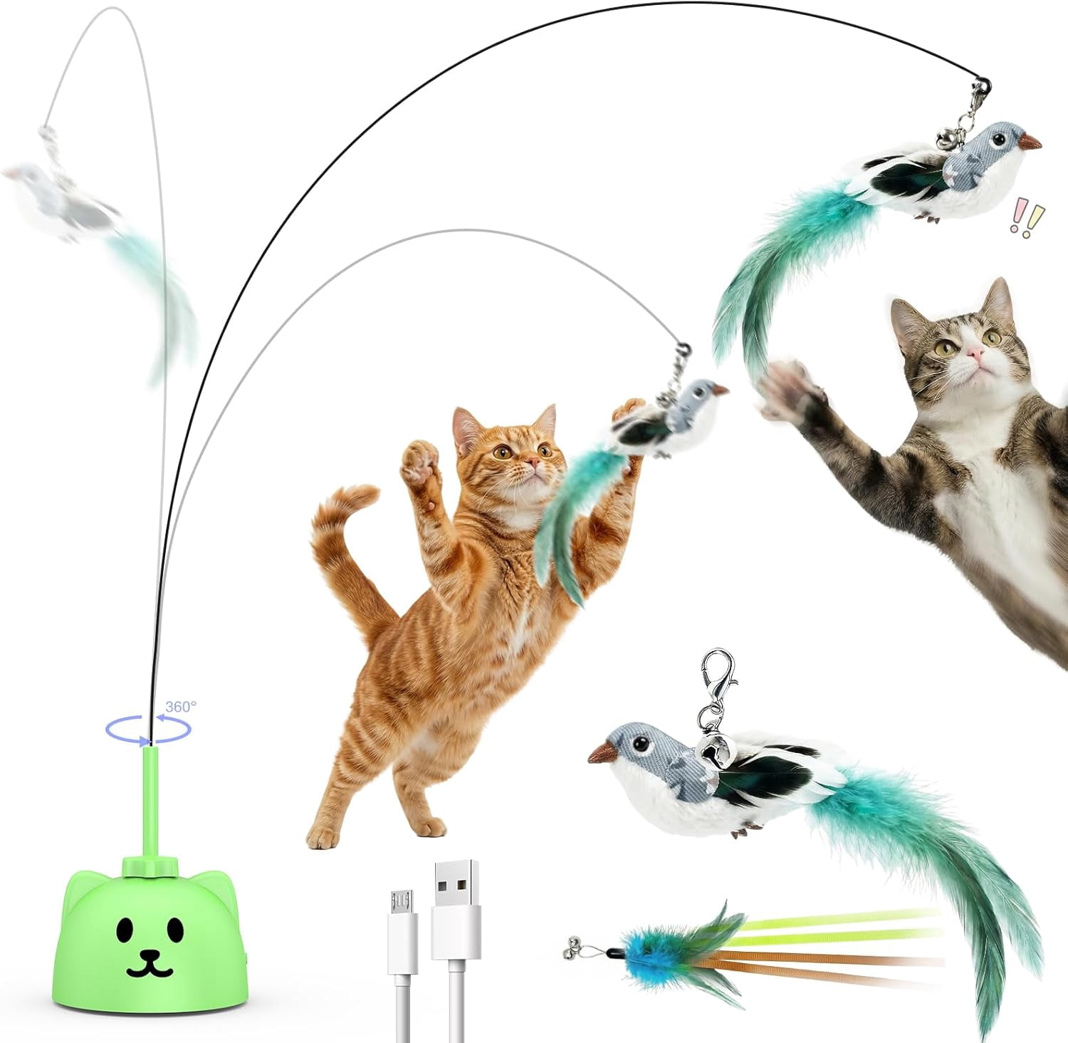 General Interactive Cat Toys for Indoor Cats - Automatic Flying Bird Feather Toy, USB Rechargeable Electric Cat Teaser with Strong Sticky Base, Smart Motion Self-Play Toy for Bored Cats(Green)