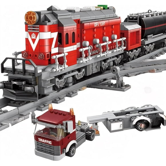 General Jim's Red Cargo Train Building Blocks Set - 1000+ Piece City Series with Automatic Running System, Railway Tracks, and Truck - Compatible with Major Brick Building Brands