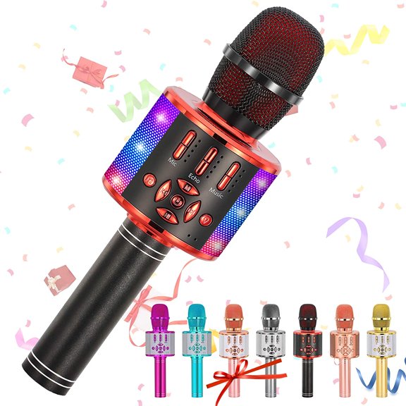 General Kids Karaoke Microphone Machine Toy Bluetooth Microphone Portable Wireless Karaoke Machine Handheld with LED Lights, Gift for Children Adults Birthday Party, Home KTV(Black Red)