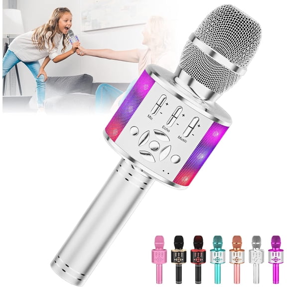 General Kids Karaoke Microphone Machine Toy Bluetooth Microphone Portable Wireless Karaoke Machine Handheld with LED Lights, Gift for Children Adults Birthday Party, Home KTV(Silver)