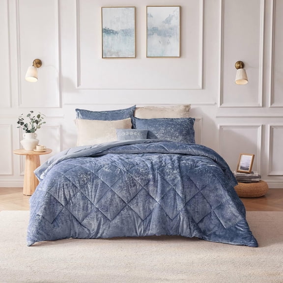 General King Comforter Set, Velvet Comforter Set , Luxury Diamond Quilting Comforter Set, Fluffy Comforter Bed Set with Decorative Pillowand 2 Shams, 4 Piece Blue, King/ Cal King